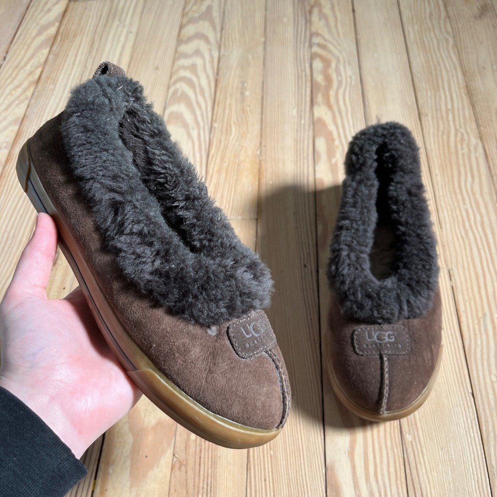 UGG Australia Loafers Womens 7 Brown Suede Shearling Trim Moccasin Slippers